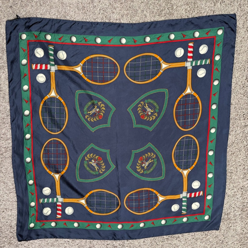 Vintage Burberry 100% Silk Scarf Tennis Golf Sports Navy Blue Square 34"x 34"